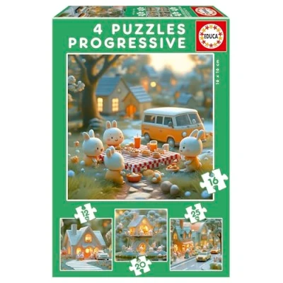 Afbeelding van Educa Set van 4 progressieve puzzels voor kinderen 12 tot 25 stukjes. Konijnenstad. Afmetingen: 16 x cm. Aanbevolen vanaf 3 jaar (20217)