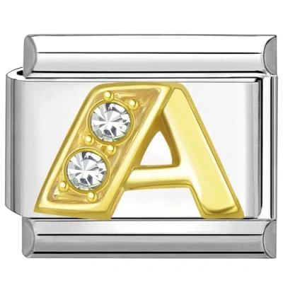 Afbeelding van Quiges Schakel Bedel 9mm charms Goud Zirkonia alfabet letter A Geschikt voor Nomination armband Schakelarmband italy bedels