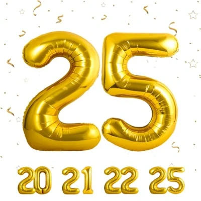 Afbeelding van Verjaardagsballonnen 25 goud 100 cm ballon cijfer 25, nummer Happy Birthday decoratie, ballonnen, verjaardagsfeest, jaren vliegen dankzij helium