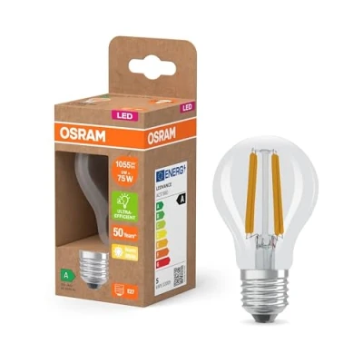 Afbeelding van OSRAM Superstar Classic A 75 led in gloeilampvorm, transparante glazen behuizing, 5 W, 1055 lm, E27, 2700 K voor warm wit licht, EEK A, diameter 60 mm.
