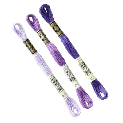 Afbeelding van DMC Set van 3 strengen assortiment Paars kraag 211 208 333, Gemalen borduurgaren 117MC, 100% katoen Past op alle technieken en ondergronden, ideaal kruissteek
