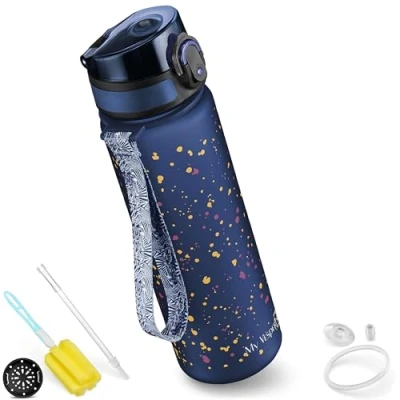 Afbeelding van My Vesperbox Minny Klecks Lekvrije drinkfles voor kinderen, 500 ml, met rietje of zeef, BPA vrij, kleuterschool, school (blauw, vlekken, ml)