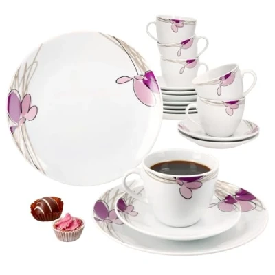 Afbeelding van MamboCat Viola Koffieservies, 18 delig, wit porseleinen servies met bloemendecoratie voor 6 personen, kopjes à 170 ml, schoteltjes en borden ontbijt koffie