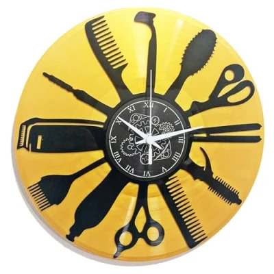 Afbeelding van Instant Karma Clocks Wandklok van vinyl, disco, goud, vintage, handgemaakte barber shop, pruik, haar