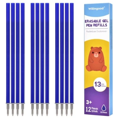 Afbeelding van Willingood 12 stuks reservevullingen, uitwisbaar, blauw, compatibel met Legami, gemakkelijk te wissen, penpunt 0,7 mm, hoogte 13 cm