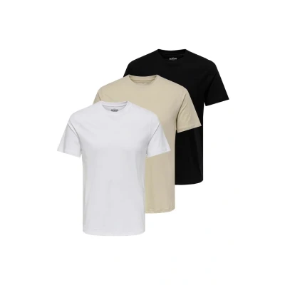 Afbeelding van Only &amp; Sons 3 PACK Tshirt basic, Heren, Maat: Large, Weiß schwarz beige