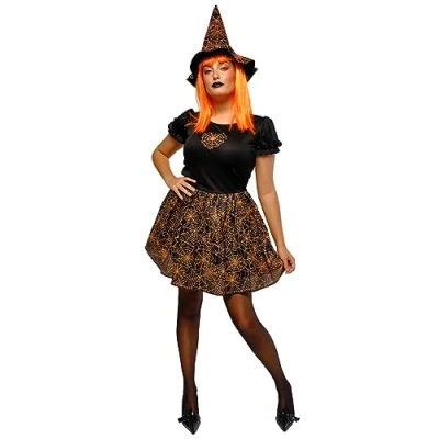 Afbeelding van Rubies Spiderweb Glow In Dark heksenkostuum voor dames, jurk en hoed, oranje, officieel Halloween, carnaval, feestjes cospplay