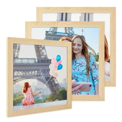 Afbeelding van PHOTOLINI Set van 3 fotolijsten 30 x cm MDF hout natuur brede lijst modern onbreekbaar acrylglas om op te hangen, extra accessoires voor je stijlvolle wanddecoratie