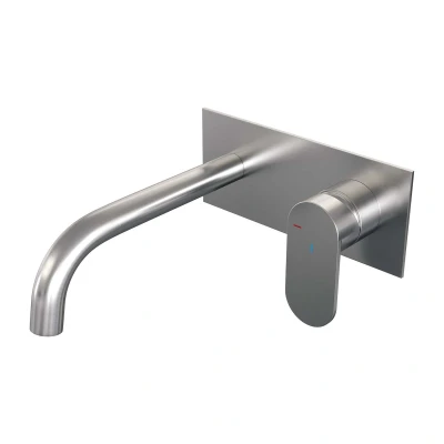 Afbeelding van Brauer Brushed Edition Wastafelmengkraan inbouw gebogen uitloop links hendel breed plat afdekplaat model C 1 PVD geborsteld RVS
