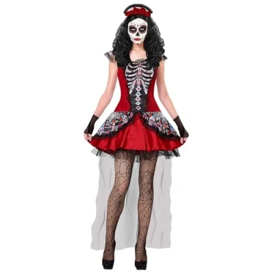 Afbeelding van Kleurrijk rood Dia de los Muertos kostuum voor vrouwen Volwassenen kostuums