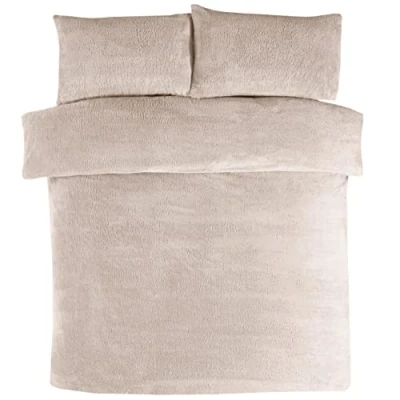 Afbeelding van Sleepdown Beddengoedset van Teddy fleece met dekbedovertrek en kussenslopen, thermisch comfortabel, superzacht, kingsize, natuurlijk ivoor, fluweel