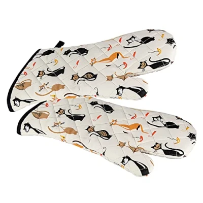 Afbeelding van SPOTTED DOG GIFT COMPANY Ovenhandschoenen met schattige zwarte kat, bedrukt, 100% katoen, pannenlappen voor keuken hangende gesp, cadeau ideeën kattenliefhebbers, 1 paar 35 x 17 cm