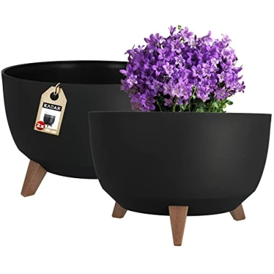 Afbeelding van KADAX Kunststof bloempot met drie inzetstukken, ronde bloembak, plantenbak, voor balkon, woonkamer (set van 2 x 39,5 cm diameter, zwart)