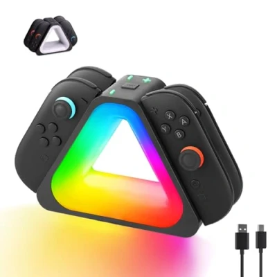 Afbeelding van Oplaadstation voor Nintndos Switch 2, 7 kleuren RGB, laadstation 4 controllers, USB C PD snel opladen met oplaadkabel, draagbaar reisdesign