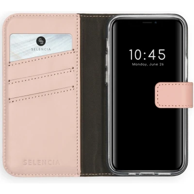 Afbeelding van Selencia Hoesje Geschikt voor iPhone 12 Mini Met Pasjeshouder Echt Lederen Bookcase Roze