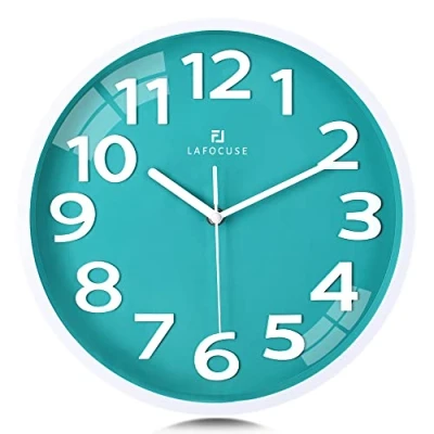 Afbeelding van Lafocuse wandklok, turquoise, groen, modern, grote cijfers, 3D, stil, gemakkelijk te lezen, decoratie voor woonkamer, slaapkamer, 30 cm