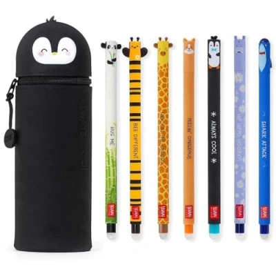 Afbeelding van LEGAMI Lot de 7 stylos gel effaçables + trousse Pingouin 2 en 1 avec encre effaçable thermosensible, gamme couleurs d&#039;encre et design baril, pointe 0,7 mm