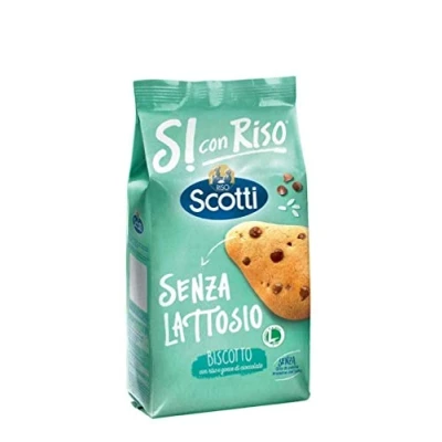 Afbeelding van riso Scotti Biscotti koekjes con e gocce di cioccolato senza lattosio met lactosevrije rijst 350 g 100% Italiaanse 6 stuks