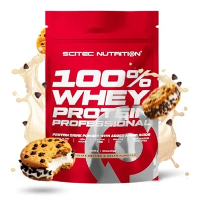 Afbeelding van Scitec Nutrition 100% Whey Protein Professional met essentiële aminozuren en spijsverteringsenzymen, glutenvrij, 1000 g, Chocola Cookies &amp; Cream