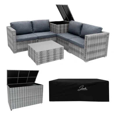 Afbeelding van Rotan Modulaire Tuin Meubelen 6 Delige Set &amp; x 2 Opbergbox (700L, 250L) Marielle Grijs 4 Zits Zitbank Sectionele Stoelen met Kussens Tafel Waterdichte Hoes Voering Kist Gasveren Hefmechanisme
