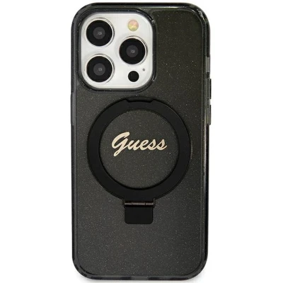 Afbeelding van Guess Ring Stand Script Glitter Back Cover hoesje met MagSafe voor Apple iPhone 12 / Pro Zwart