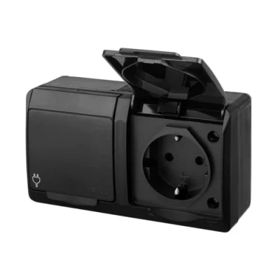 Afbeelding van asvendo Elektro HERMES Moderne opbouwserie / schakelaar dubbele meervoudig stopcontact IP44 bescherming buiten zwart (2 voudige stekker)
