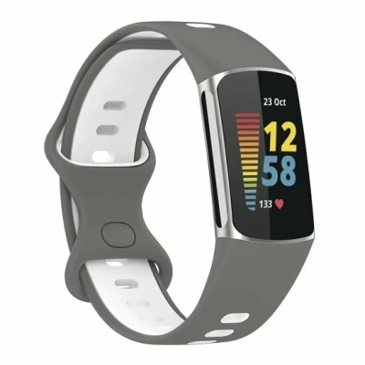 Afbeelding van FitBit Charge 5 &amp; 6 Sportbandje met dubbele lus Grijs / wit Tweekleurig Maat: L