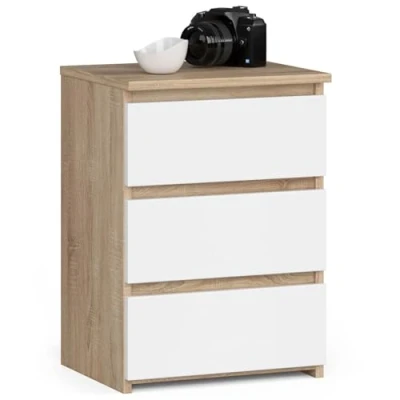 Afbeelding van AKORD CL 3 nachtkastje met laden voor woonkamer, slaapkamer, kantoor, modern functioneel design, 40 x 57 35 cm (b h d), gewicht 26 kg, Sonoma eik en witte voorkant