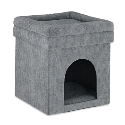 Afbeelding van Relaxdays kattenmand poef opvouwbaar kattenhuis grijze hocker kat kattenmeubel