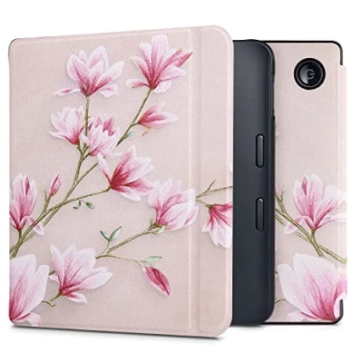 Afbeelding van kwmobile E reader hoesje geschikt voor Kobo Libra 2 hoes flip case met magnetische sluiting Ereader cover Magnolia design in poederroze / wit oudroze