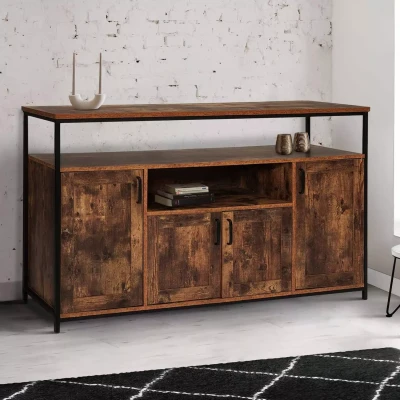 Afbeelding van Buffet 4 portes DAYTON avec niche effet vieilli design industriel 140 cm