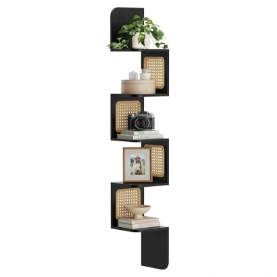 Afbeelding van VASAGLE Hoekplank, zwevend wandrek met 5 niveaus, zigzag hoekrek, zijkanten van pvc, ruimtebesparend, voor keuken, slaapkamer, woonkamer, boho stijl, aszwart LLS582B21
