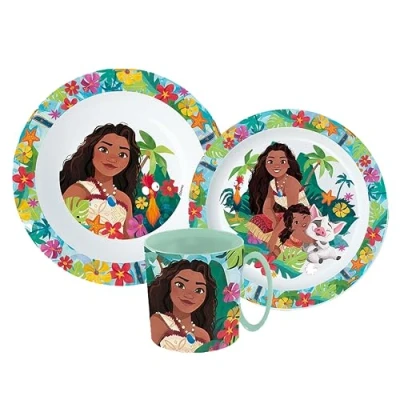 Afbeelding van Sorrisini Ensemble de Vaisselle Réutilisable pour Enfants Vaiana, Assiettes en plastique crèche, Scoula, assiette, bol, tasse 350ml, Set sevrage avant gruau micro ondes, Vaiana Wow