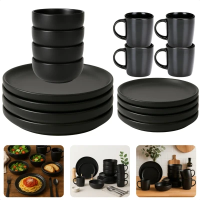 Afbeelding van Cheqo Serviesset 4 Persoons Dinnerset Dinerset Servies Set Bordenset met Ontbijtborden Dinerborden Kommen Mokken 16 delig Elegant Z
