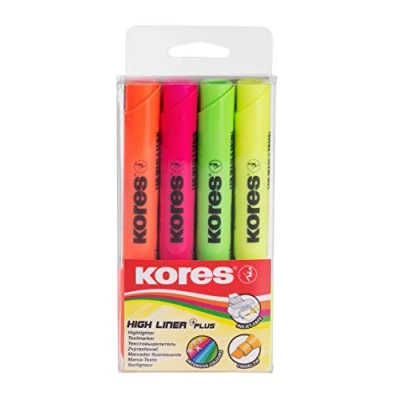 Afbeelding van Kores High Liner Plus: heldere markeerstiften, afgeschuinde punt en inkt op waterbasis, school kantoorbenodigdheden, 4 verschillende kleuren