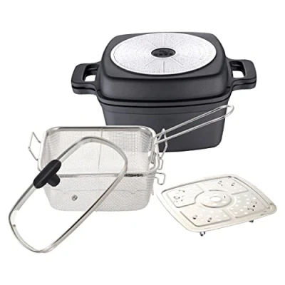 Afbeelding van MasterPRO Foodies 5 delige pannenset, multifunctionele set van gegoten aluminium, koken, grillen, braden en stomen, inclusief accessoires, voor alle warmtebronnen