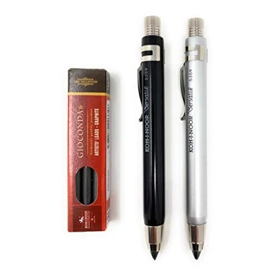 Afbeelding van KOH I NOOR 5359 vulpotlood van metaal met puntenslijper en clip, stiftdikte 5,6 mm, zilver zwart GRAPHITMINES 2B