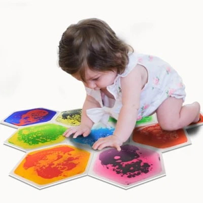 Afbeelding van Art3d Set van 9 zeshoekige sensorische vloertegels voor kinderen, peuters en kleurrijke vloeibare activiteitsmat actief decoratief spel