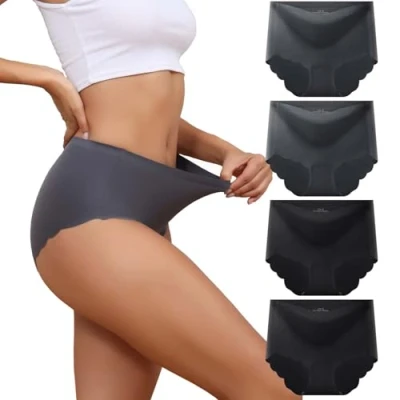 Afbeelding van Dumwis Set van 4 naadloze damesslips, hoge taille, naadloos, comfortabel ondergoed zonder merk, sportondergoed voor dames, grijs.