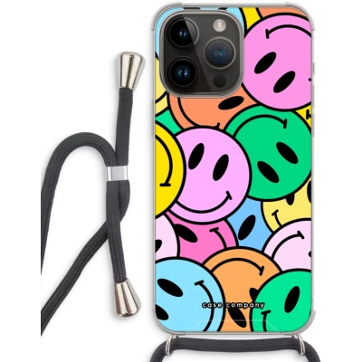 Afbeelding van Case Company® hoesje met Koord geschikt voor iPhone 14 Pro Max Smiley N1 Telefoonhoesje Zwart Extra Bescherming aan alle Kanten en Over de Schermrand