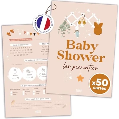 Afbeelding van aliceandberry Voorspellingskaarten BabyShower herinnering zwangerschap, babyborrel organisatie spel gender reveal voorspellingen baby meisjes of jongens poederdesign Frans (50 kaarten)
