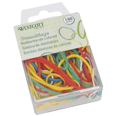 Afbeelding van Westcott E 10582 00 gekleurde rubberen elastiekjes in verschillende maten, praktische kunststof container voor het opbergen van huishoudelijke elastiekjes, 20 mm tot 70 mm, 100 stuks