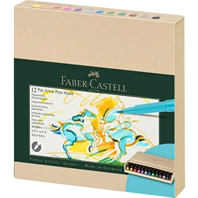 Image de Faber Castell Art &amp; Graphic Pitt Artist Pen Brush Stylo à encre indienne, Multicolore, Boîte de 12, pour l&#039;art, l&#039;artisanat, le dessin, les croquis, la maison, l&#039;école, l&#039;université, coloriage
