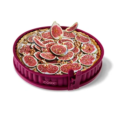 Afbeelding van coox Quichevorm met glazen bodem een diameter van 26 cm, donkerrood, perfect bakken en serveren snijden direct op de het glas