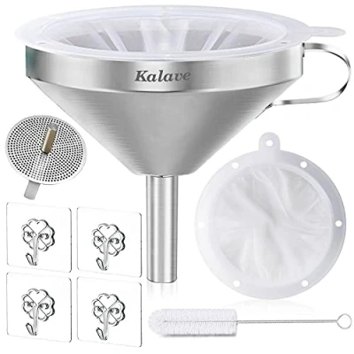 Afbeelding van entonnoir en acier inoxydable Kalave Premium, entonnoirs de cuisine 13 cm avec tamis filtre alimentaire maille 200, métallique pour le remplissage bouteilles, huiles, jus, vin, café, thé, lait, confiture