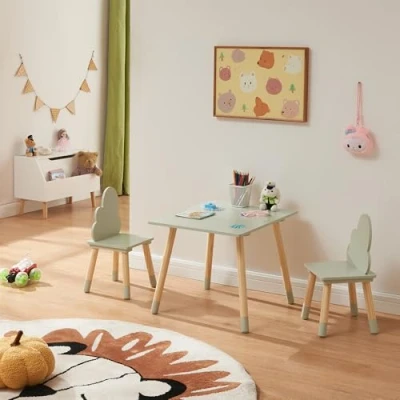 Afbeelding van Kindertafelset Hovle met 2 stoelen wolkdesign mintgroen en naturel [en.casa]