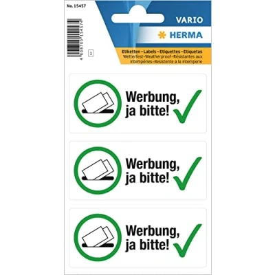 Afbeelding van HERMA 3 stuks reclamestickers, weerbestendig, 79 x 34 mm, groot formaat, gratis kranten en reclame in brievenbus, duurzame folie etiketten, wit