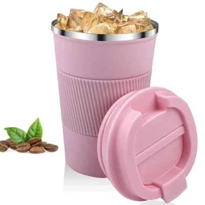Afbeelding van Relota Roze koffiebeker, 380 ml, lekvrije thermosbeker van 304 roestvrij staal, dubbelwandig geïsoleerd, autobeker, herbruikbaar voor koffie, water en thee