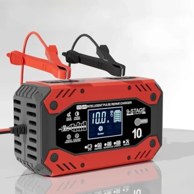 Afbeelding van 10 A 12 V/24 V intelligente auto acculader met lcd display en temperatuurcompensatie, geschikt voor auto, motorfiets, vrachtwagen, boot, grasmaaier