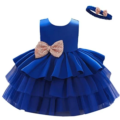 Afbeelding van Lito Angels Bruidsmeisjesjurk, ceremonie, bruiloft, doop, met hoofdband voor baby&#039;s en kinderen, meisjes, Royal Blauw